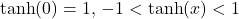 \tanh(0)=1, \, -1<\tanh(x)<1