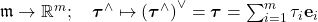 \quad \mathfrak{m} \rightarrow \mathbb{R}^m ; \quad \boldsymbol{\tau}^{\wedge} \mapsto\left(\boldsymbol{\tau}^{\wedge}\right)^{\vee}=\boldsymbol{\tau}=\sum_{i=1}^m \tau_i \mathbf{e}_i