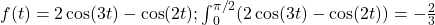 f(t)=2 \cos (3t)- \cos (2t);{\int }_{0}^{\pi \text{/}2}(2 \cos (3t)- \cos (2t))=-\frac{2}{3}