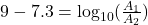 9-7.3=\log_{10}(\frac{A_1}{A_2})