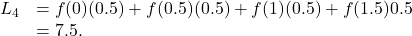 \begin{array}{cc}{L}_{4}\hfill & =f(0)(0.5)+f(0.5)(0.5)+f(1)(0.5)+f(1.5)0.5\hfill \\ & =7.5.\hfill \end{array}