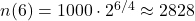 n(6)=1000\cdot 2^{6/4} \approx 2828