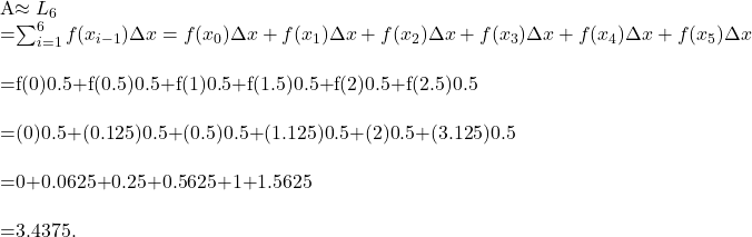 \begin{array}{}\\ \\ A\approx {L}_{6}\hfill & =\sum _{i=1}^{6}f({x}_{i-1})\Delta x=f({x}_{0})\Delta x+f({x}_{1})\Delta x+f({x}_{2})\Delta x+f({x}_{3})\Delta x+f({x}_{4})\Delta x+f({x}_{5})\Delta x\hfill \\ & =f(0)0.5+f(0.5)0.5+f(1)0.5+f(1.5)0.5+f(2)0.5+f(2.5)0.5\hfill \\ & =(0)0.5+(0.125)0.5+(0.5)0.5+(1.125)0.5+(2)0.5+(3.125)0.5\hfill \\ & =0+0.0625+0.25+0.5625+1+1.5625\hfill \\ & =3.4375.\hfill \end{array}