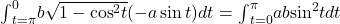 {\int }_{t=\pi }^{0}b\sqrt{1-{ \cos }^{2}t}×(-a \sin t)dt={\int }_{t=0}^{\pi }ab{ \sin }^{2}tdt