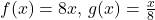 f(x)=8x, \, g(x)=\frac{x}{8}