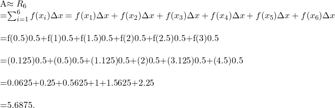 \begin{array}{}\\ \\ A\approx {R}_{6}\hfill & =\sum _{i=1}^{6}f({x}_{i})\Delta x=f({x}_{1})\Delta x+f({x}_{2})\Delta x+f({x}_{3})\Delta x+f({x}_{4})\Delta x+f({x}_{5})\Delta x+f({x}_{6})\Delta x\hfill \\ & =f(0.5)0.5+f(1)0.5+f(1.5)0.5+f(2)0.5+f(2.5)0.5+f(3)0.5\hfill \\ & =(0.125)0.5+(0.5)0.5+(1.125)0.5+(2)0.5+(3.125)0.5+(4.5)0.5\hfill \\ & =0.0625+0.25+0.5625+1+1.5625+2.25\hfill \\ & =5.6875.\hfill \end{array}