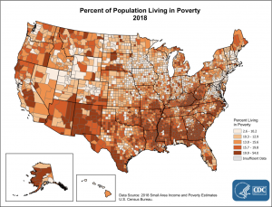 This image shows the percentage of the United States population living in poverty in 2018. The map is color coded based on percentage range, with the darkest red indicating the highest level of poverty in an area.