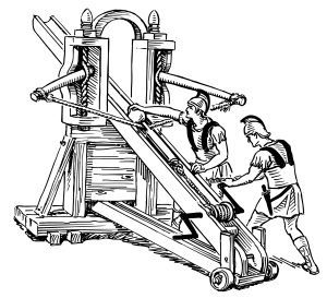 Illustration of a ballista being loaded and drawn