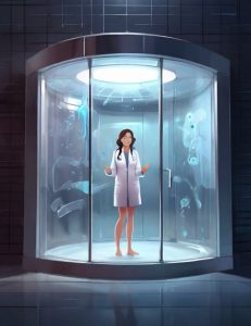 Woman physician standing inside a whole-body cryotherapy chamber with an unsure expression.
