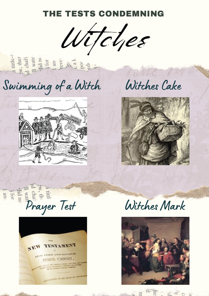 Swimming of a Witch: Black and white illustration of a witch entering the water. Witches Cake: Drawing of Native American slave, Tituba. Prayer Test: Picture of the New Testament Witches Mark: Illustration of men pointing at a partially unclothed woman with a witches mark.
