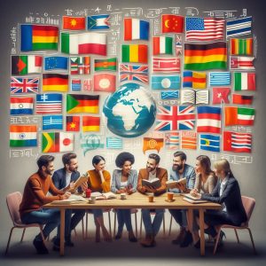 Group of diverse individuals sitting at a table reading books with a globe and flags of different countries surrounding them.