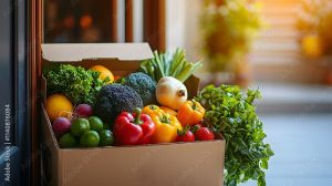 Fresh delivery of assorted vegetables and fruits at the doorstep. Generative AI.” Fresh delivery of assorted vegetables and fruits at the doorstep. Generative AI.